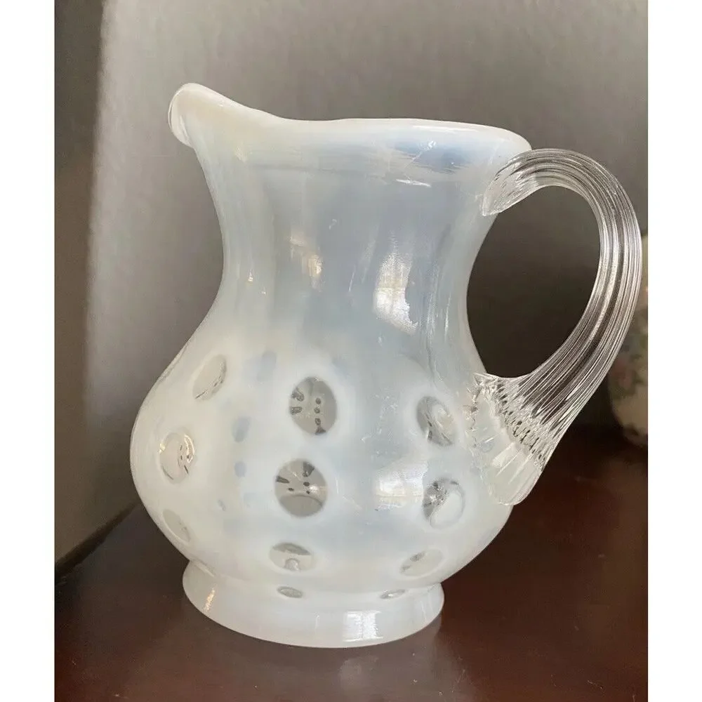 Vintage Fenton White Coin Dot Creamer Pitcher Small Opalescent 4” Glass Vase